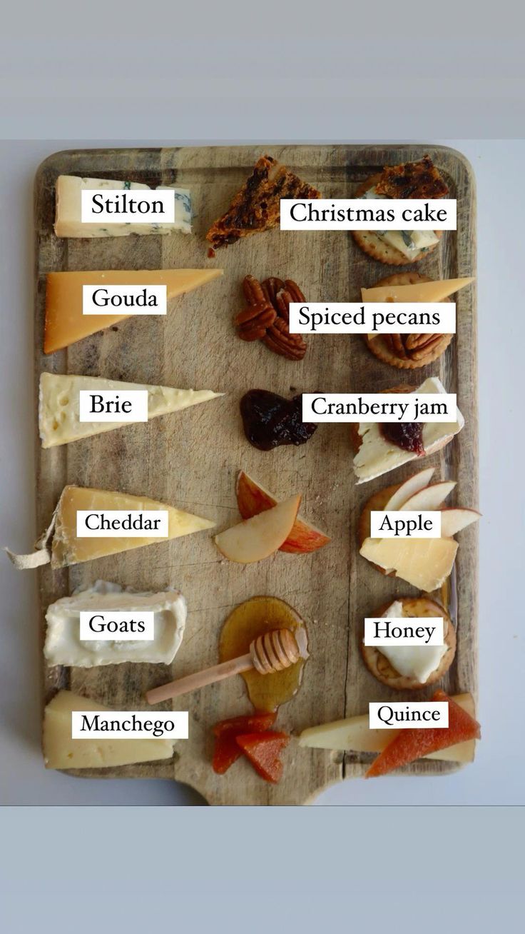 a wooden cutting board topped with lots of different types of cheeses and toppings