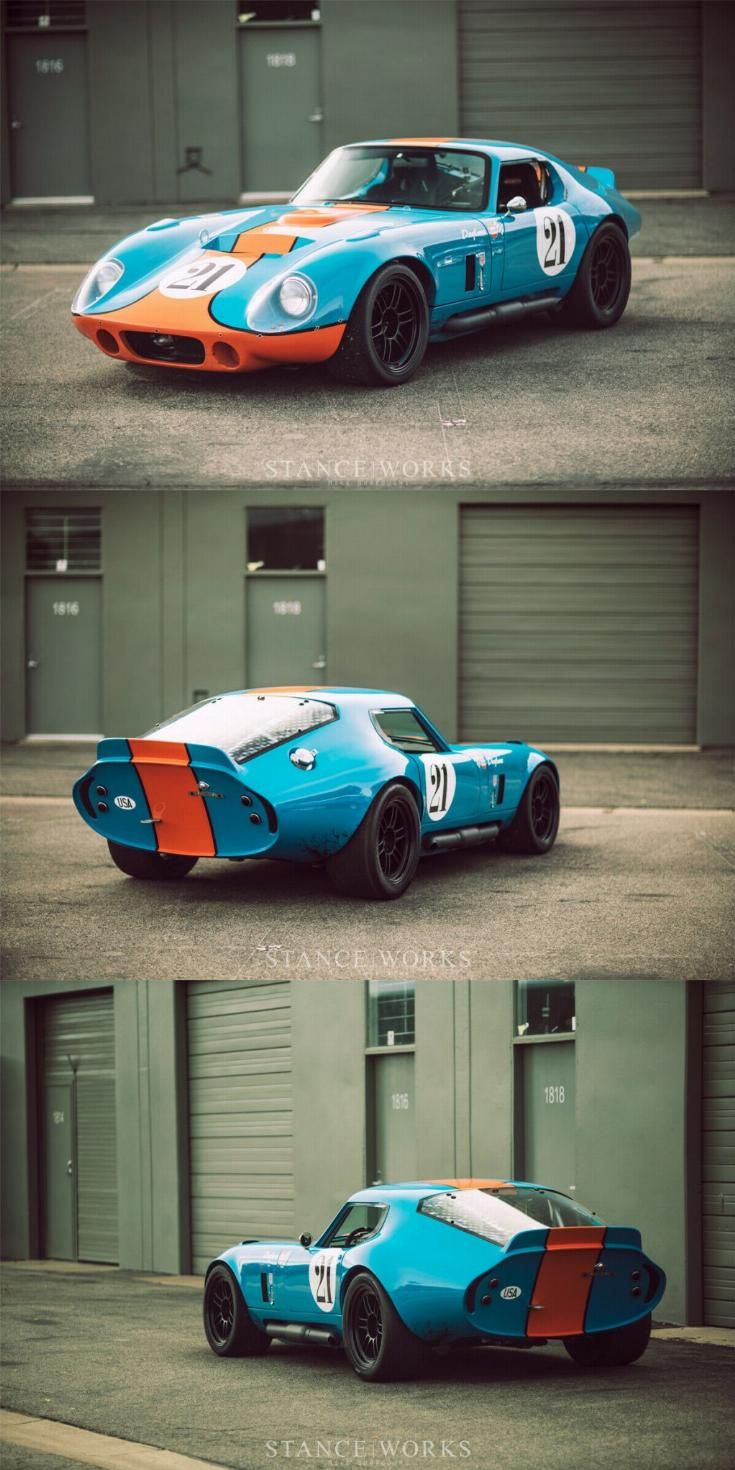 three different pictures of a blue and orange race car in front of a garage door