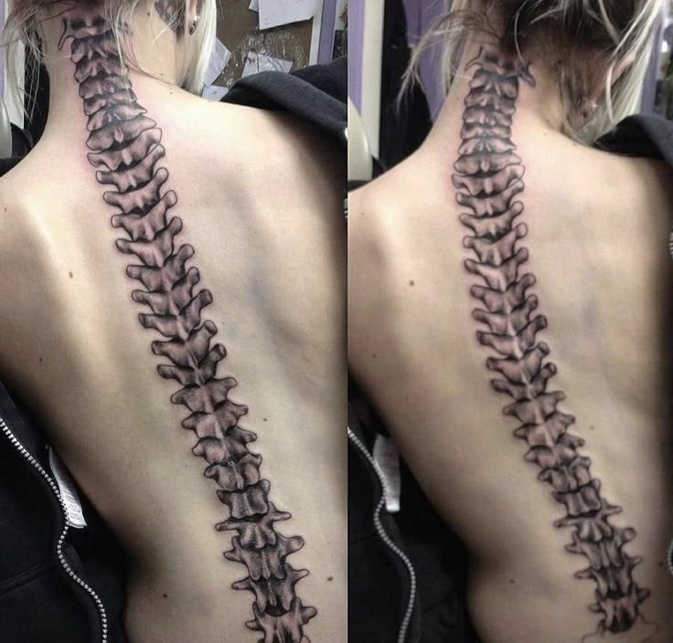 the back of a woman's neck with a tattoo design on her left side