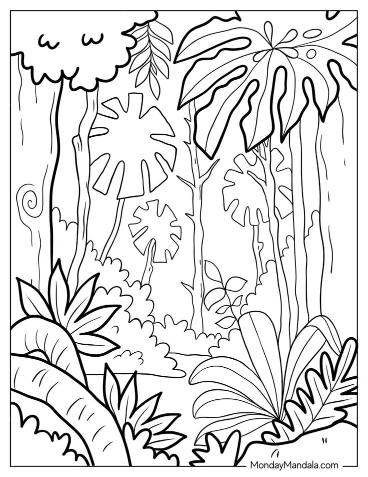 a jungle scene with plants and trees coloring page for kids to color in or print out