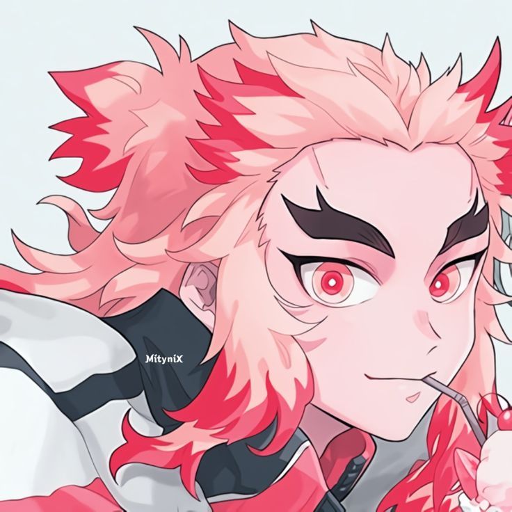 an anime character with pink hair and red eyes