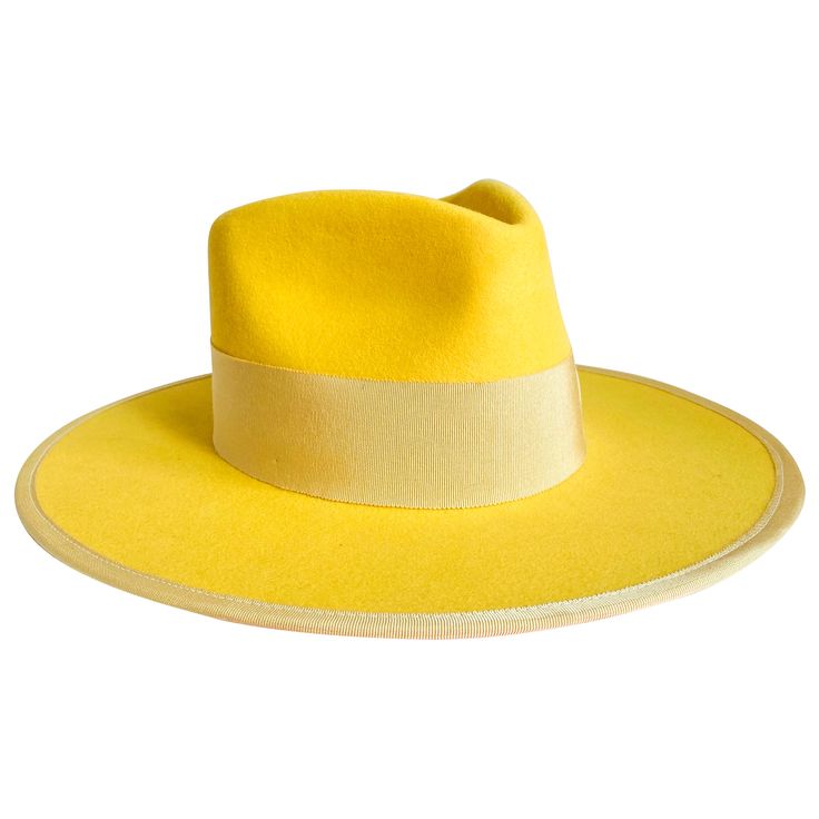 - Ethically sourced fur felt in western or dress weight in Yellow- 4.5” crown- 3.25” brim- Pinched crown - 2" grosgrain band and bow in Yellow + matching edge binding- Natural tan leather sweatband- 100% silk interior lining- Sanded to perfection- No mass production, less waste, more love - This product is final sale + not eligible for returns or exchanges. Formal Wide Brim Fedora, Custom Wide Brim Fedora For Formal Occasions, Luxury Fitted Summer Fedora, Luxury Fitted Fedora With Curved Brim, Luxury Fedora For Rodeo, Luxury Fitted Fedora With Flat Brim, Luxury Fedora With Flat Brim, Luxury Brimmed Fedora For Rodeo, Luxury Fedora With Curved Brim For Rodeo