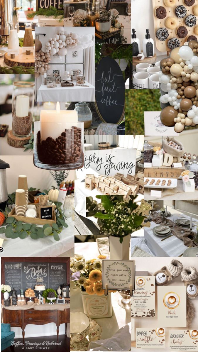 a collage of photos with different items and words on them, such as candles, plates, napkins, coffee cups, etc