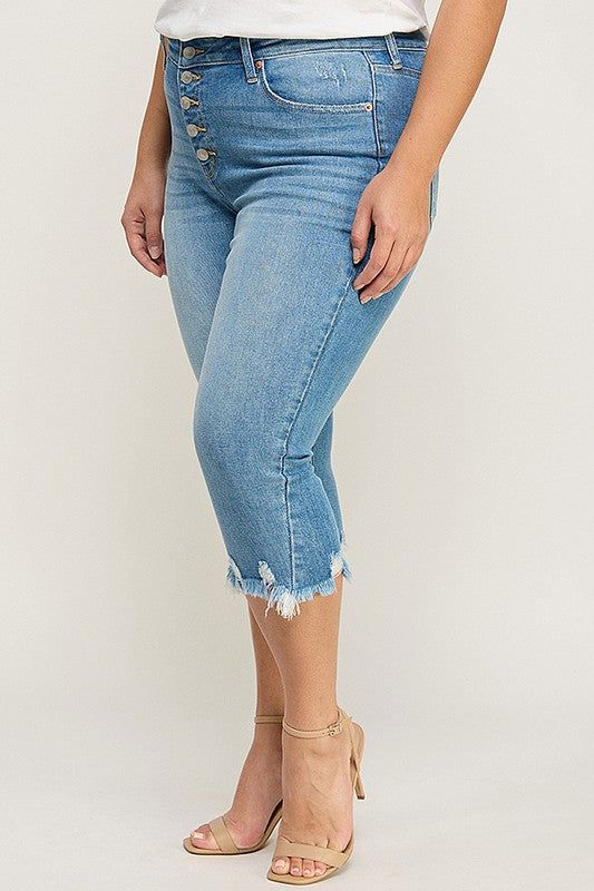 Details Style No. AT1101CKBU-P Elevate your denim game with the Mid Rise Capri featuring a frayed hem and distressed details. Designed specifically for plus-size figures, these capri jeans offer both style and comfort, making them a must-have addition to your wardrobe. Highlights Super Stretchy Denim Comfort High Quality Material Capri Length Mid-rise design Frayed with Distressed Medium Stone Wash Exposed Button Shape & fit • Skinny fit • Mid rise • Frayed HemSpecifications: Front Rise: 9 inche Frayed Hem Jeans, Hem Jeans, Denim Details, Capri Jeans, Vintage Jeans, Jacket Tops, Mid Rise, Capri, Jade