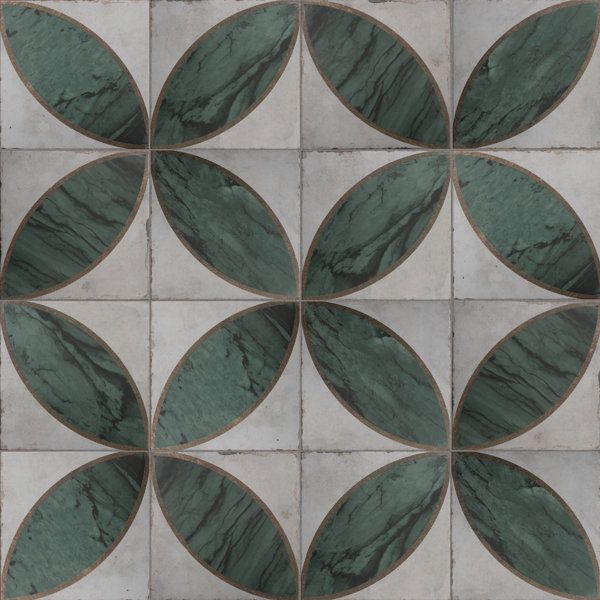 an artistic tile design with green leaves on the center and grey tiles in the middle