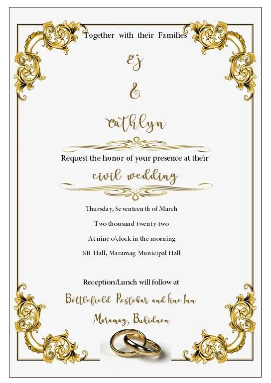 wedding card with two gold rings on the front and bottom, in an ornate frame