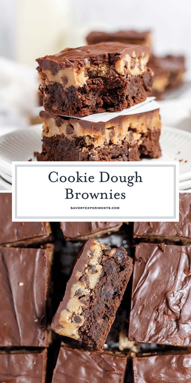 chocolate cookie dough brownies stacked on top of each other with the title overlay