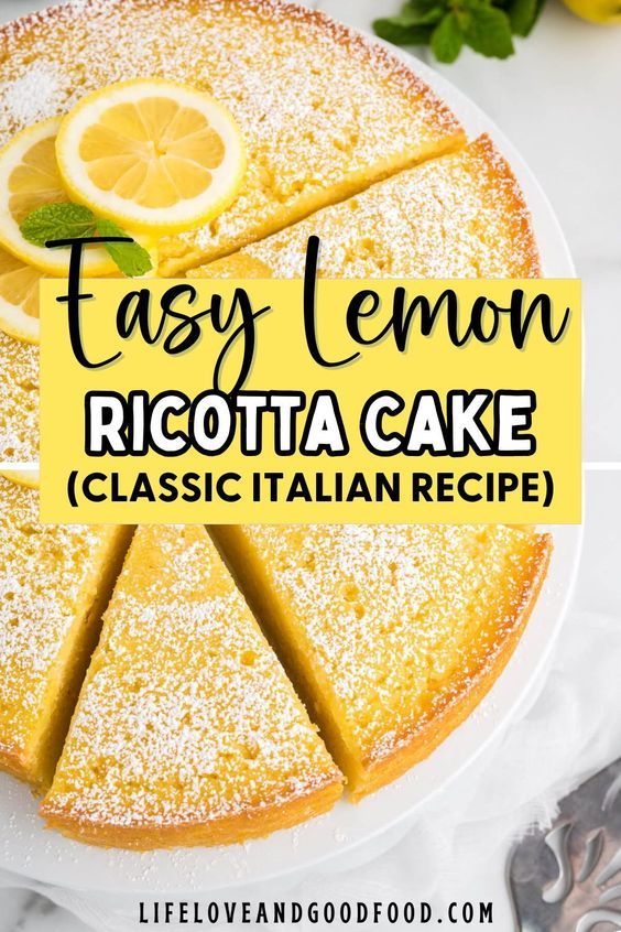 a lemon ricotta cake on a white plate with the words easy lemon ricotta cake