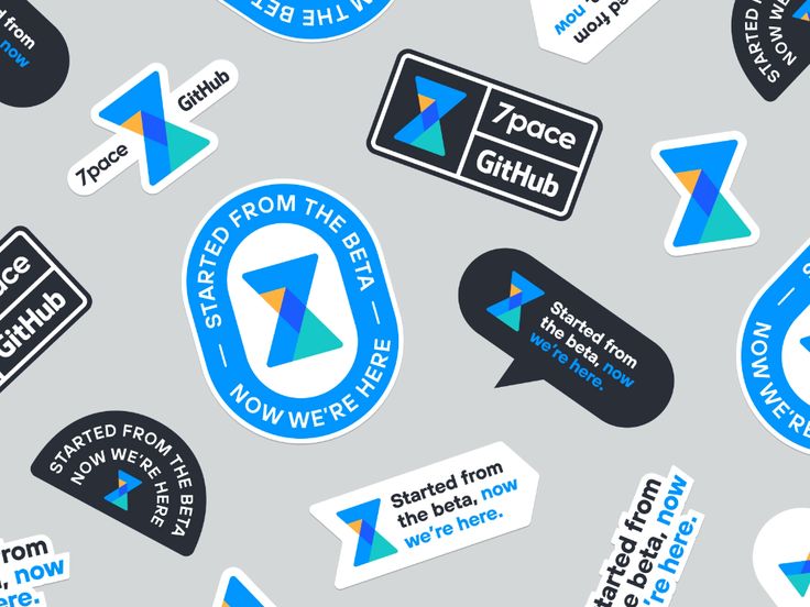 many different stickers on a gray background with blue and green shapes, including arrows