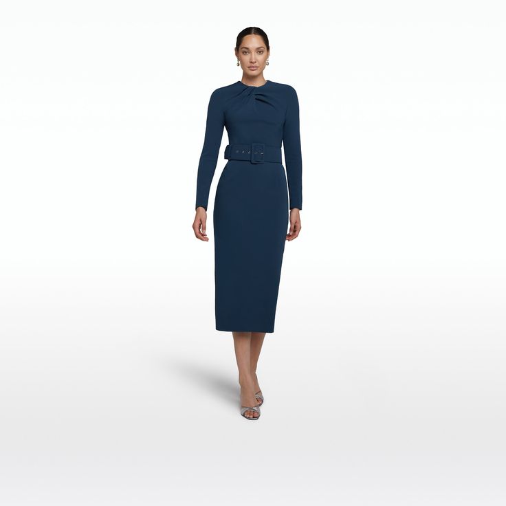 Navy Long Sleeve Midi Dress For Formal Occasions, Elegant Navy Midi Dress For Evening, Elegant Fitted Blue Long Sleeve Dress, Elegant Blue Belted Dress, Blue Fitted Midi-length Belted Dress, Evening Midi-length Dress With Pleated Sleeves, Blue Fitted Midi Belted Dress, Blue Fitted Midi Length Belted Dress, Semi-formal Fitted Dress With Pleated Sleeves