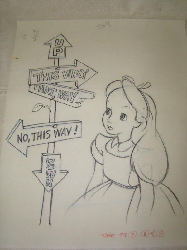 a drawing of a princess next to a street sign with arrows pointing in different directions