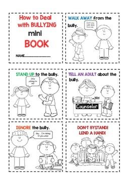 This book on bullying can be used in the lower grades as a guide to dealing with a bully. The book is in simple text, has pictures that help support emergent readers, and is easy to follow. Students will cut out and color the mini book and use it for reference when encountering bullying as either a victim or bystander. The book is a good way to introduce bullying and how to deal with the situation. The book is by Buckeye School Counselor and is available on teacherspayteachers.com for $2. Deal With Bullies, Bully Prevention, Toddler Speech, Pack Meeting, Safe Internet, Social Skills Groups, Counseling Lessons, Guidance Lessons, Elementary Counseling