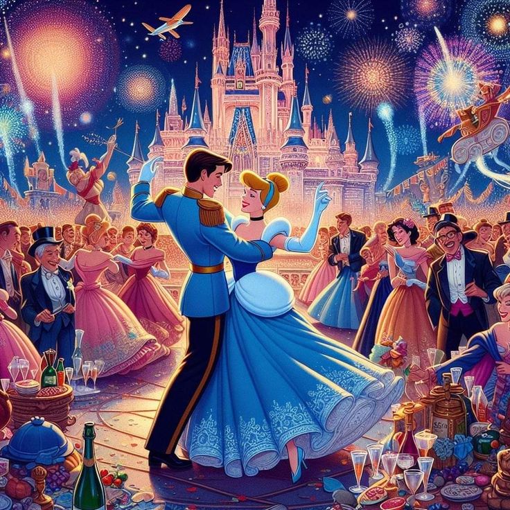 disney and prince dancing in front of fireworks