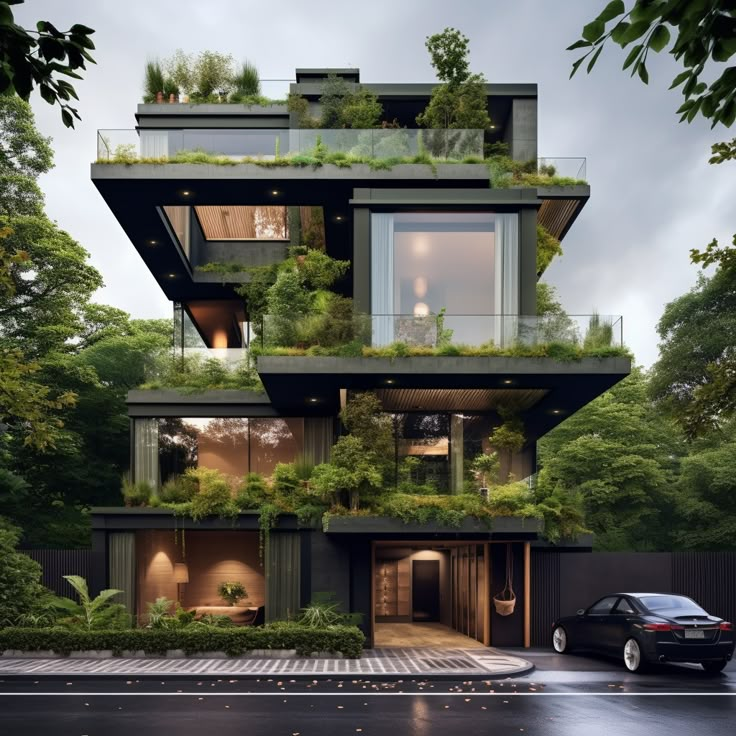 a car parked in front of a tall building with plants growing on it's balconies