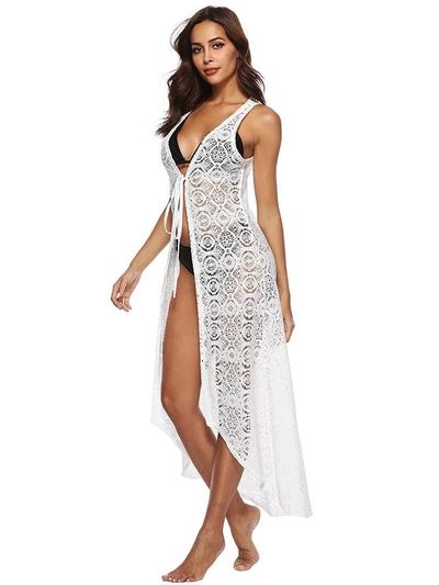 Fashion Solid Lace See-Through Cover-Up - rrdeye Fitted Sleeveless Summer Cover-up, Fitted Sleeveless Beach Season Cover-up, Sleeveless Stretch Cover-up For Beachwear, Stretch Sleeveless Beachwear Cover-up, Sleeveless Stretch Beachwear Cover-up, Fitted Sleeveless Beachwear Cover-up, White Sleeveless Party Cover-up, White Sleeveless Cover-up For Vacation, Spring Sleeveless Fitted Cover-up