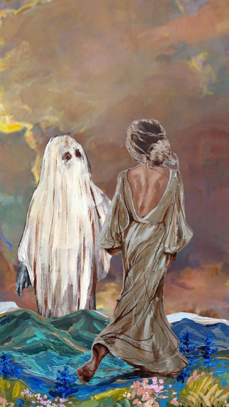 a painting of two people dressed in white ghost costumes, walking on the beach with their arms around each other