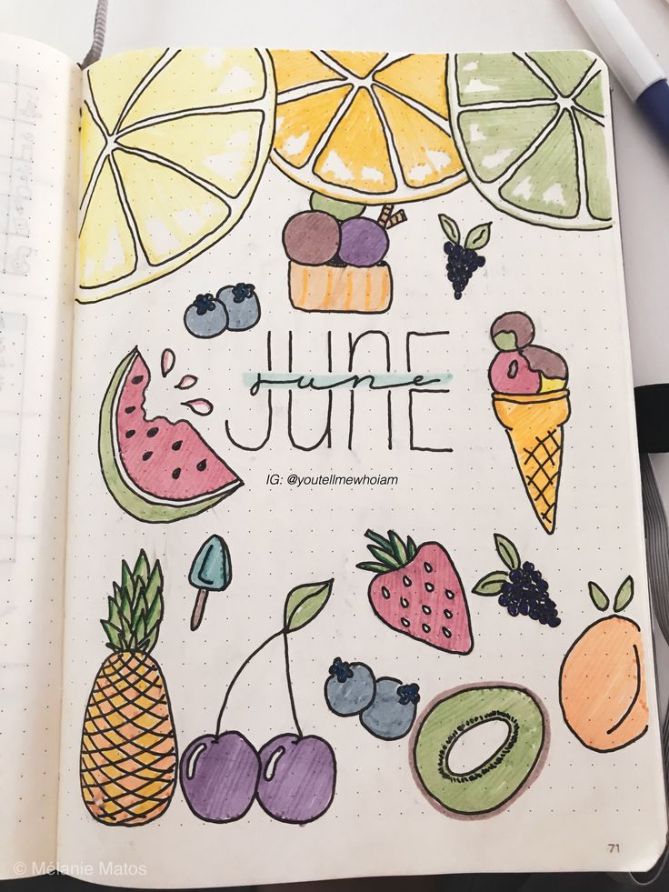 Cute Drawings Summer, June Planner Ideas, Journal Ideas June, Summer Doodles Aesthetic, Summer Journal Aesthetic, June Doodles, June Drawings, June Journaling, Fruit Journal