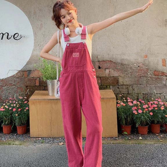 Japanese Summer Denim Overalls - Pastel Kitten Casual Full-length Relaxed Fit Overalls, Casual Full Length Relaxed Fit Overalls, Casual Full-length Overalls For Spring, Casual Fitted Cotton Overalls, Casual High Rise Summer Overalls, Casual Full-length Overalls With Pockets, Spring Full-length Relaxed Fit Overalls, Trendy Cotton Overalls, Pink Casual Overalls With Relaxed Fit