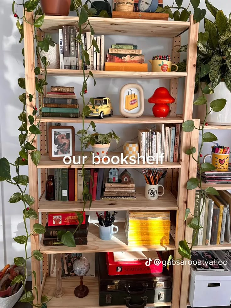 a bookshelf filled with lots of books and plants