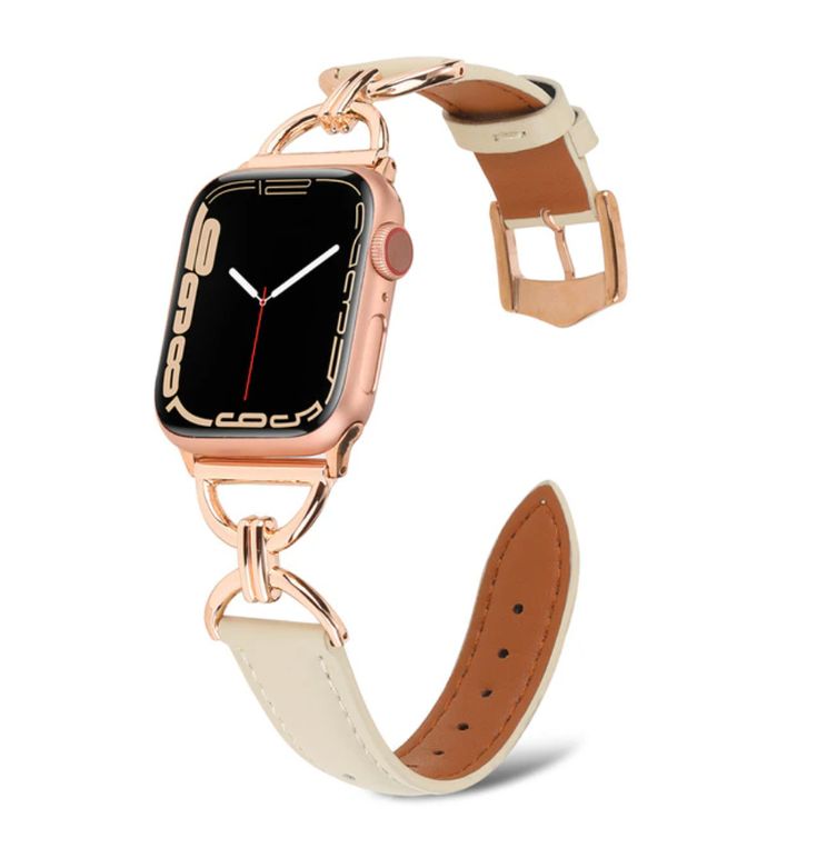 Beige Leather Apple Watch band with rose gold X link design. Chic Gold Jewelry With Leather Strap, Trendy Gold Leather Apple Watch Band, Chic Watches With Leather Strap, Classic Rose Gold Bracelet Strap Watch Bands, Classic Rose Gold Watch Bands With Bracelet Strap, Elegant Double Band Leather Jewelry, Gold Leather Strap Apple Watch Band, Gold Leather Apple Watch Band, Gold Leather Apple Watch Band With Bracelet Strap