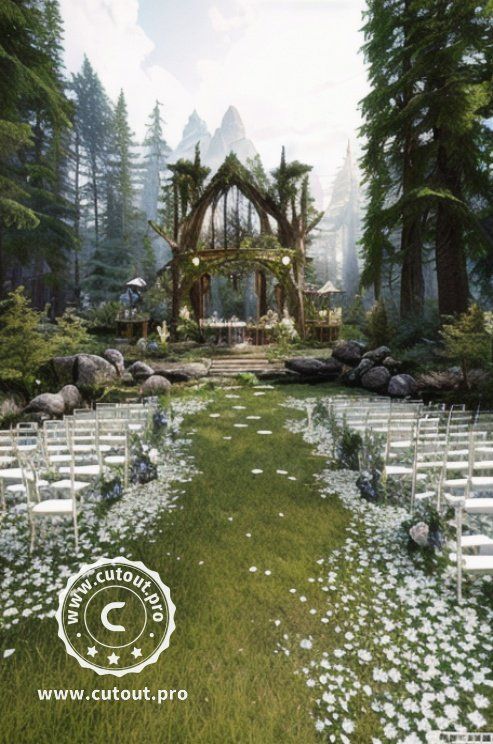 an outdoor ceremony setup with white chairs and flowers in the grass, surrounded by pine trees