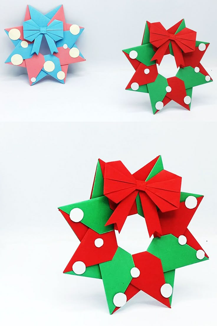 three different types of origami bows are shown in four different colors and shapes