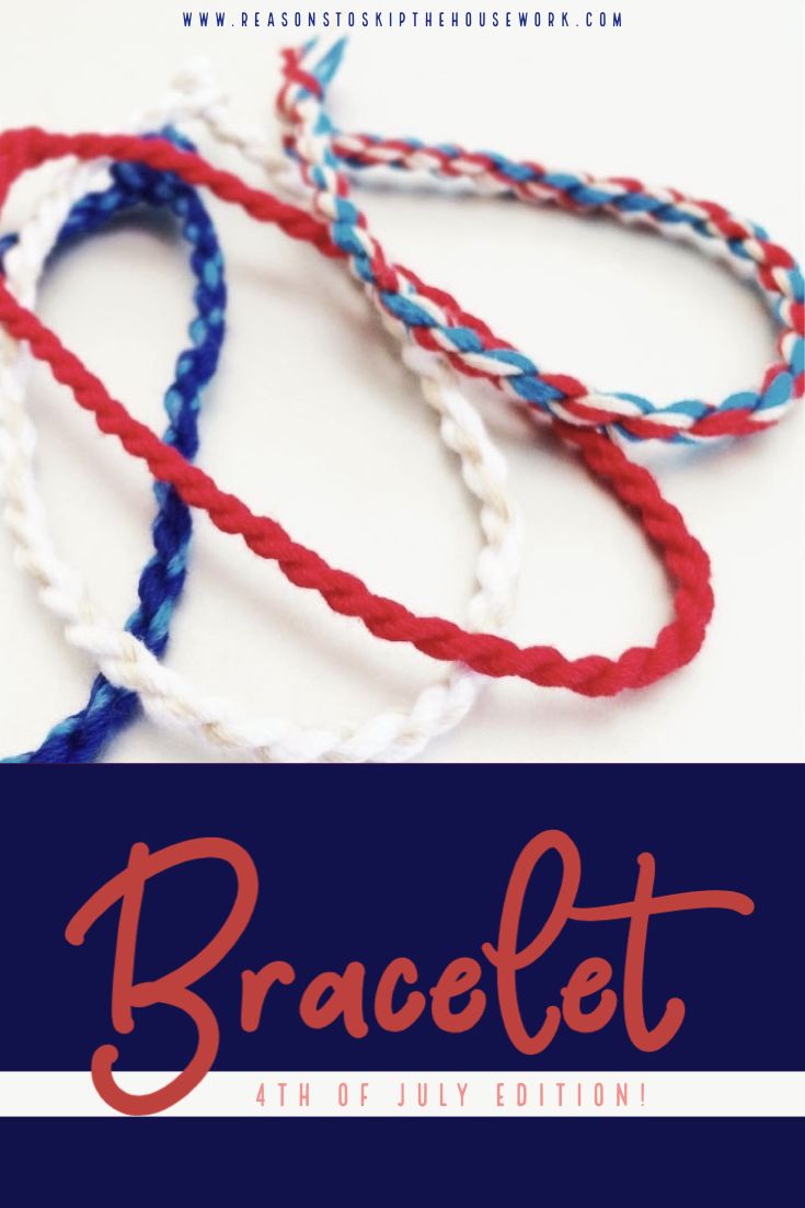 three braided bracelets with red, white and blue thread on the ends are shown