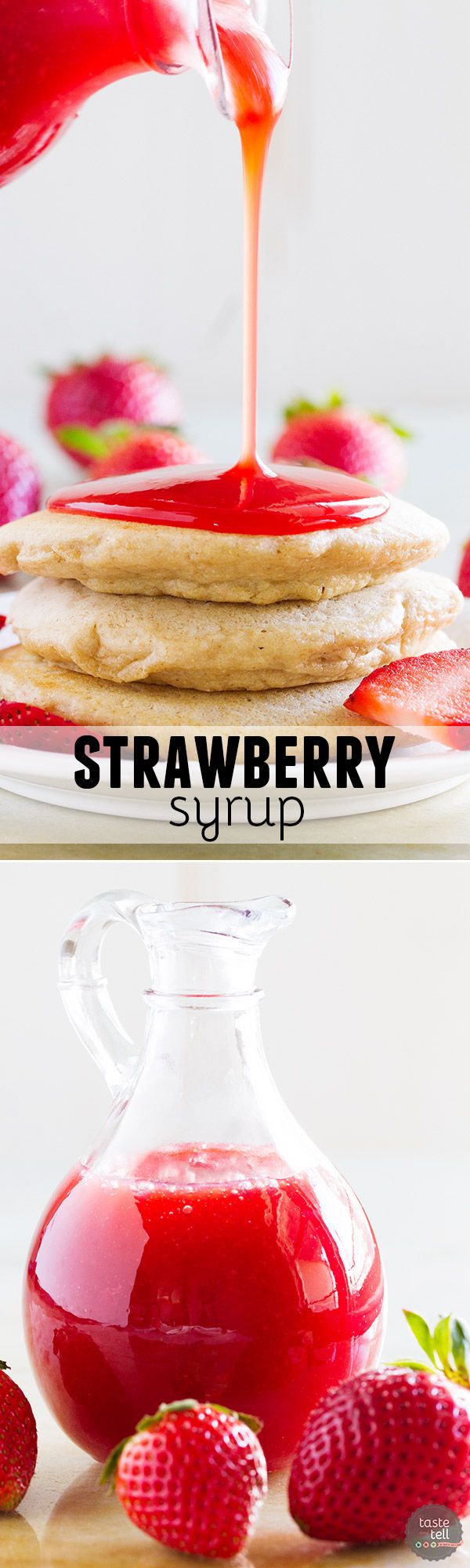 strawberry syrup being poured over pancakes on a plate