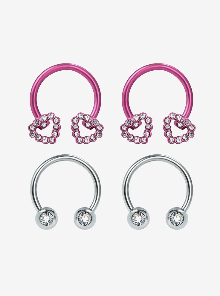 Silver-toned curved barbell set with CZ gem beads  paired with a steel pink curved barbell set with rhinestone heart ends.Jewelry care: Wash with antibacterial soap and warm water.Piercing care: Wash hands thoroughly  then clean piercing with H2Ocean (sold separately) or saline solution.316L surgical steel - may contain some nickel; brass1mm - 3mm gem stonesSet of 4Use in healed piercings only. Remove immediately if irritation occurs.Do not use harsh or alcohol-based chemicals to Eyebrow Jewelry Piercings, Cleaning Piercings, Piercing Care, Lip Piercing Jewelry, Septum Piercing Jewelry, Eyebrow Jewelry, Barbell Set, Gem Beads, Saline Solution