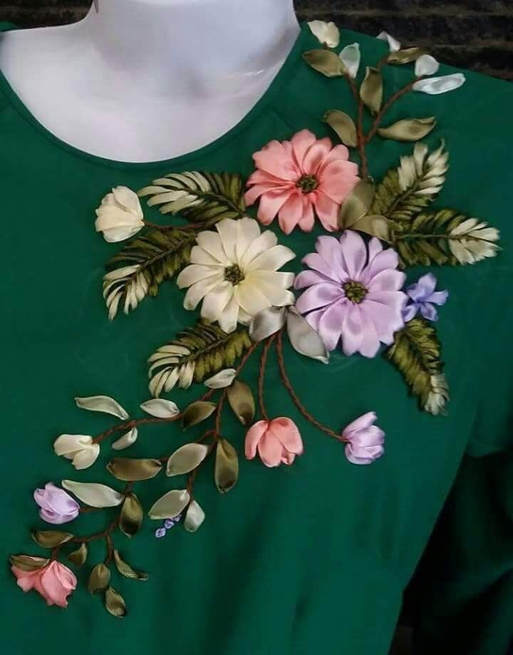 a green shirt with pink and white flowers on it