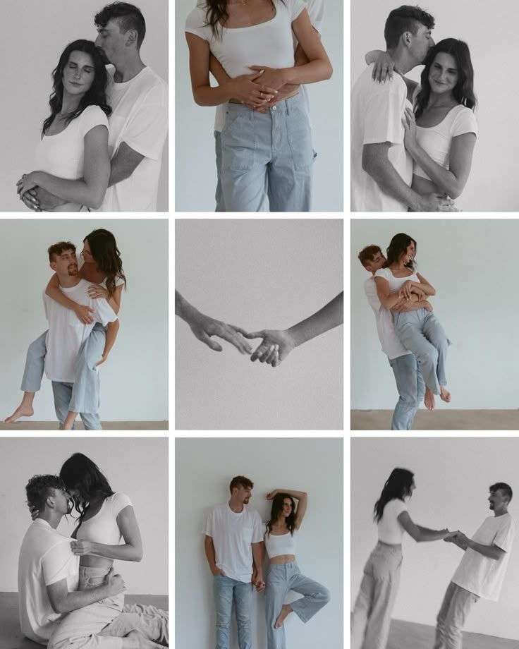 multiple images of people holding each other in different poses