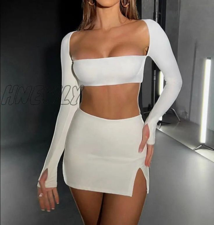 Hnewly Sexy Dress Set Women White Square Collar Full Sleeve Crop Top And Mini Skirt Matching Sets Full Sleeve Crop Top, Trendy Summer Fits, White Vintage Dress, Mini Skirt Set, Solid Color Pants, Fashion Design Dress, White Square, Straight Trousers, Casual Tops For Women