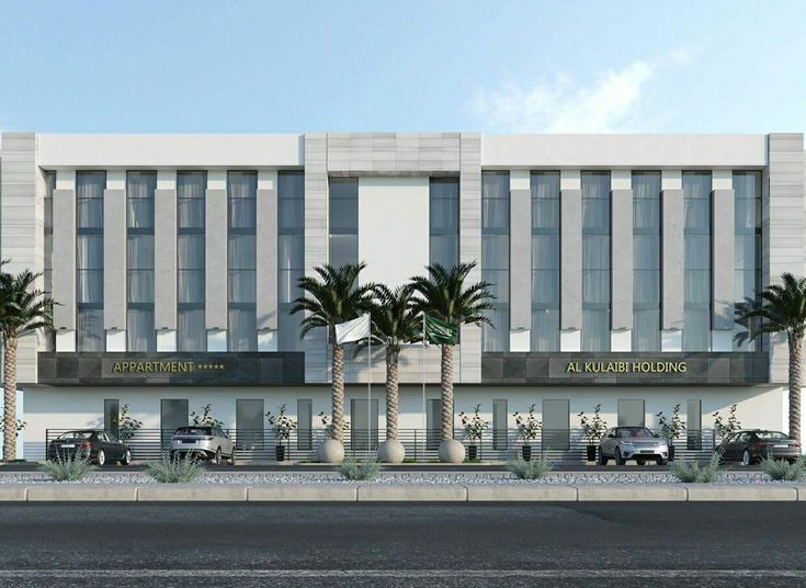 an artist's rendering of the exterior of a building with palm trees in front