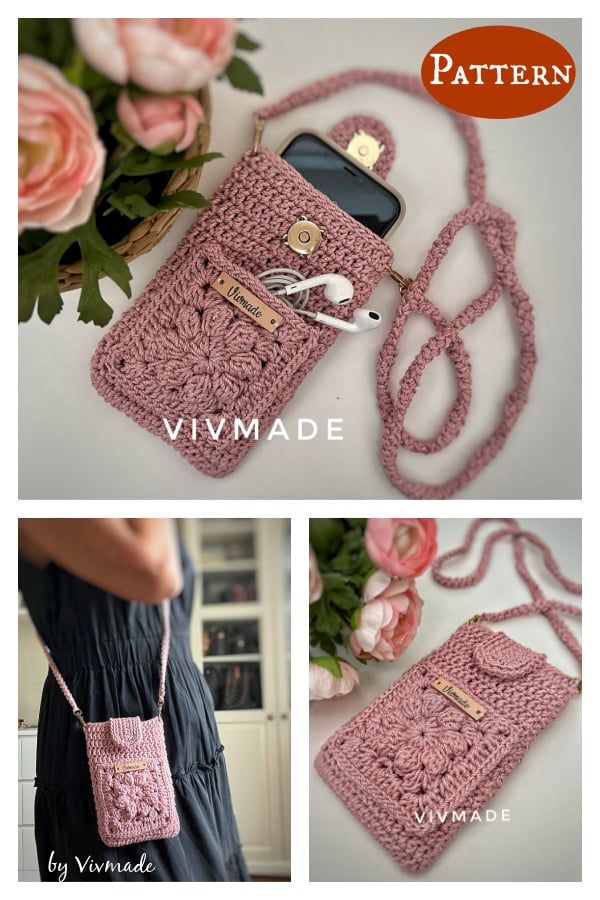 a crocheted purse is shown with flowers in the background and text that says,'vivmade '