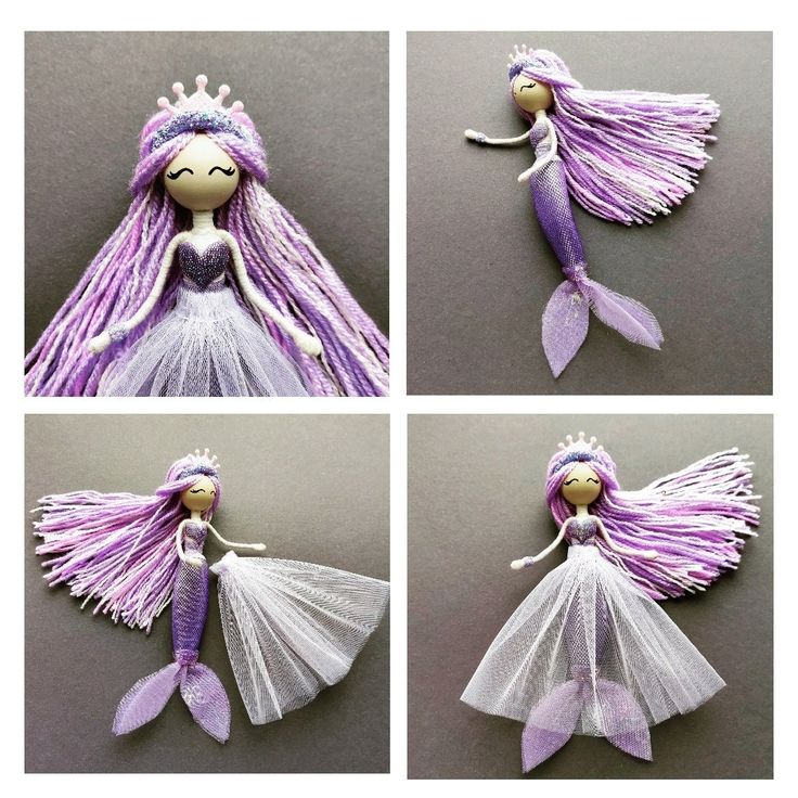 four pictures of a doll with purple hair