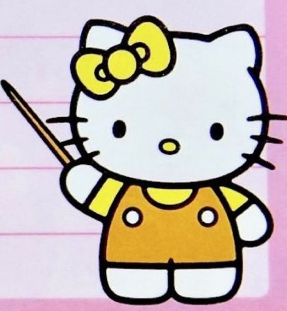 the hello kitty character is standing in front of a notepad with writing on it