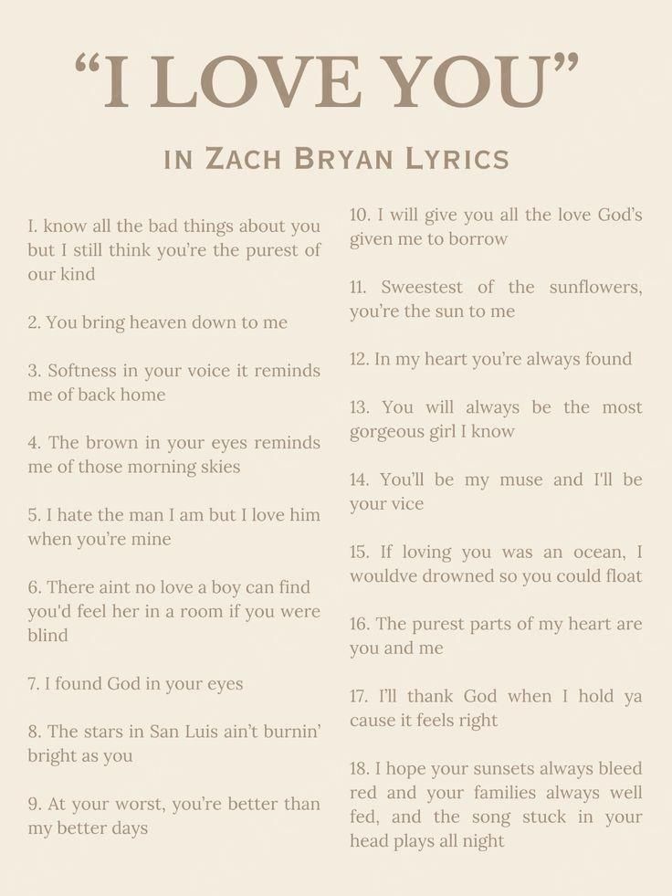 i love you in zach ryan lyrics on white paper with brown lettering and words