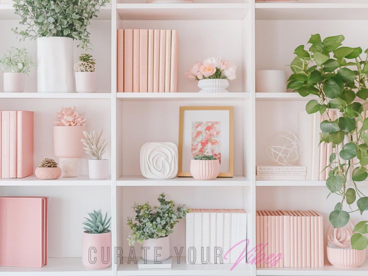 the shelves are filled with different types of plants, books and other decorative items in pastel colors