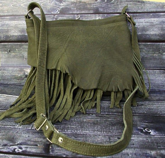 Green Leather Hobo Bag  - Medium Crossbody Bag with TasselCross body bag made from genuine first class green leather - green distressed leather.* Zip closure on the top* Includes internal pockets for mobile phone and other small items.Dimensions:height:21,5 cm (8 in)max width: 28 cm (11 in)strap: max 130 cm (51 in) Medium Crossbody Bag, Convertible Tote Bag, Custom Purses, Leather Fringe Bag, Leather Backpack Purse, Green Handbag, Fringe Bags, Boho Bags, Hobo Bags