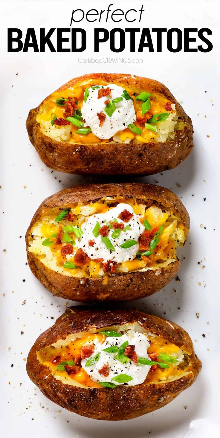 three baked potatoes on a white plate with the words perfect baked potatoes written above them