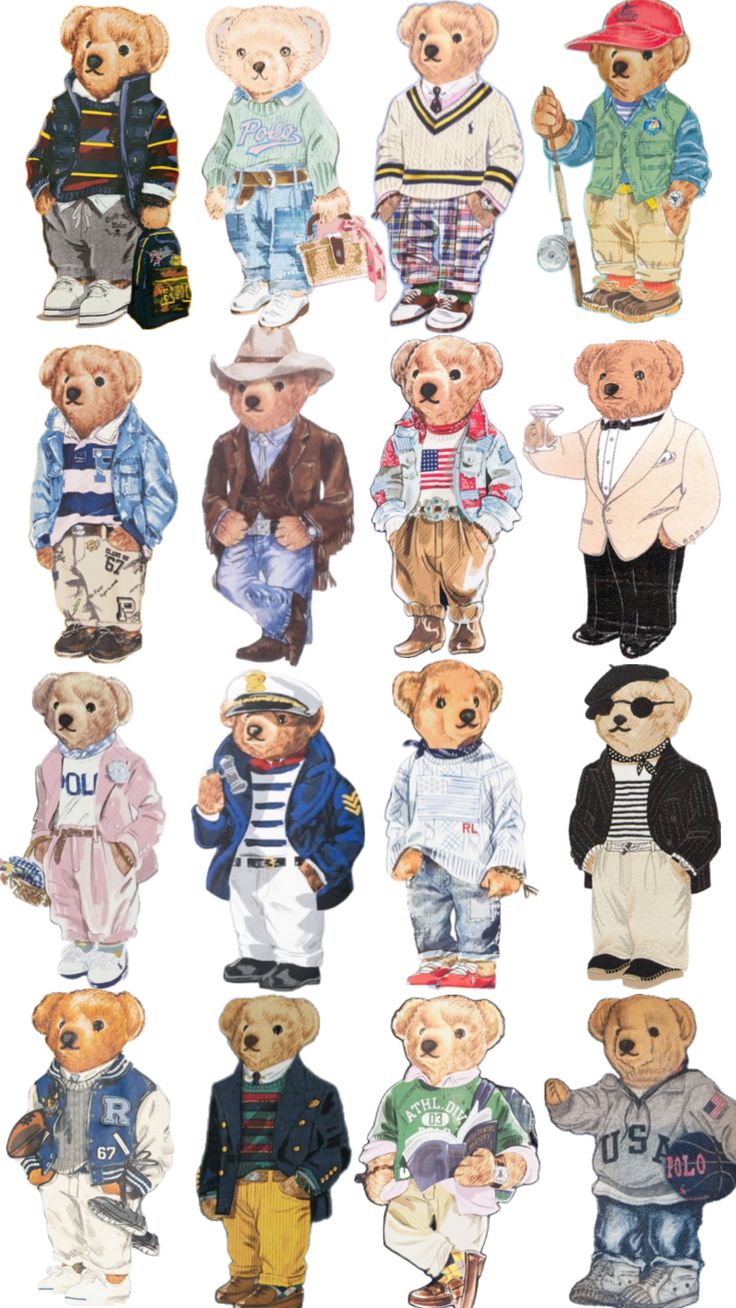 a bunch of teddy bears that are all dressed up in different clothes and hats,