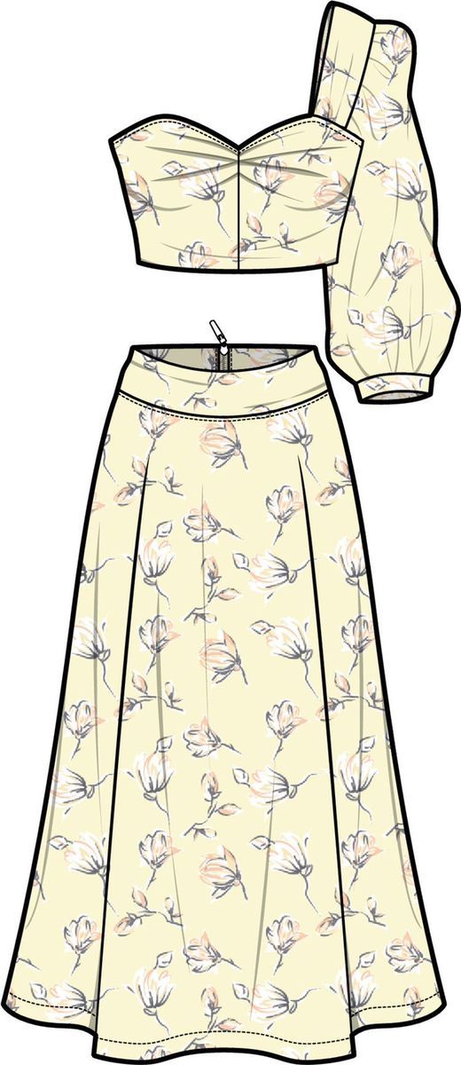 a drawing of a dress with flowers on the front and back, as well as a top