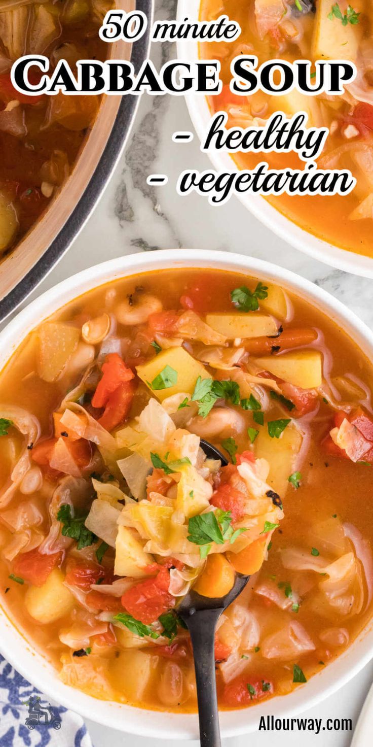 two bowls filled with soup and the words 50 minute cabbage soup healthy vegetarian