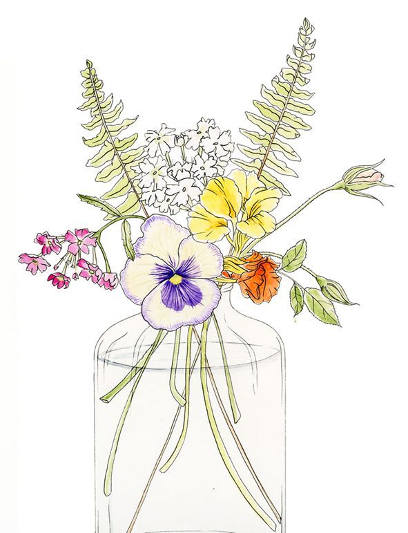 a drawing of flowers in a glass vase