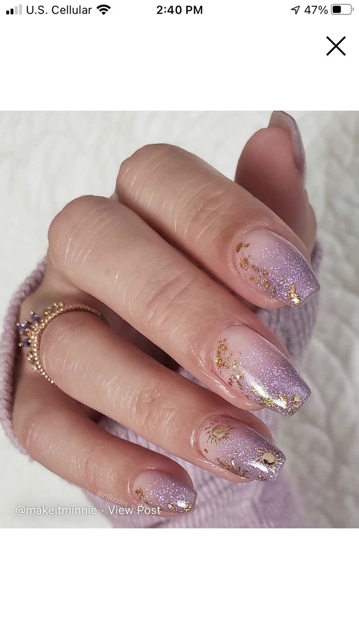 Lavender With Gold Nails, Purple And Champagne Nails, Galinda Nail Designs, Taylor Swift Speak Now Era Nails, Speak Now Nail Design, Tangled Wedding Nails, Purple Tangled Nails, Lilac Nails With Gold Flakes, Speak Now Nail Ideas