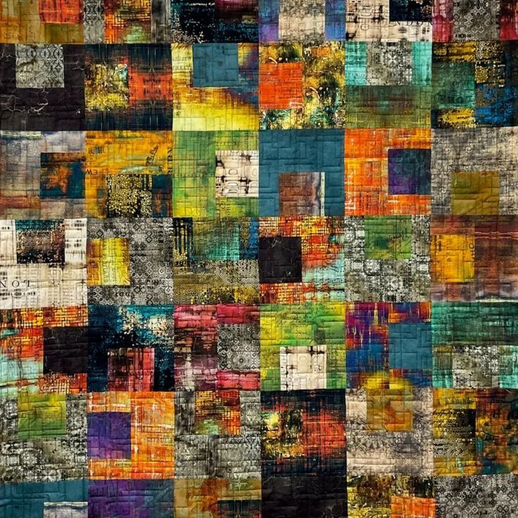 an abstract painting with many different colors and patterns on it's surface, including squares