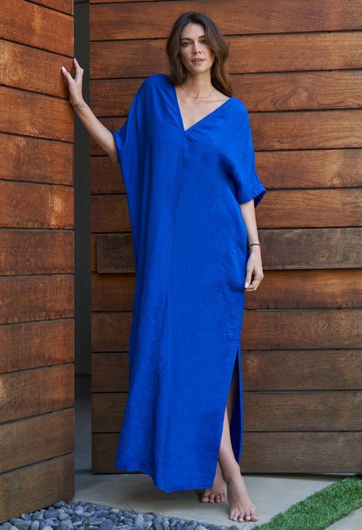 UPCYCLED - Mykonos Cobalt Cupro V-Neck Long Caftan - ocean+main Long Caftan Dress, Cupro Fabric, Gauze Dress, By The Ocean, Caftan Dress, Kimono Dress, Mykonos, Main Street, Deep V