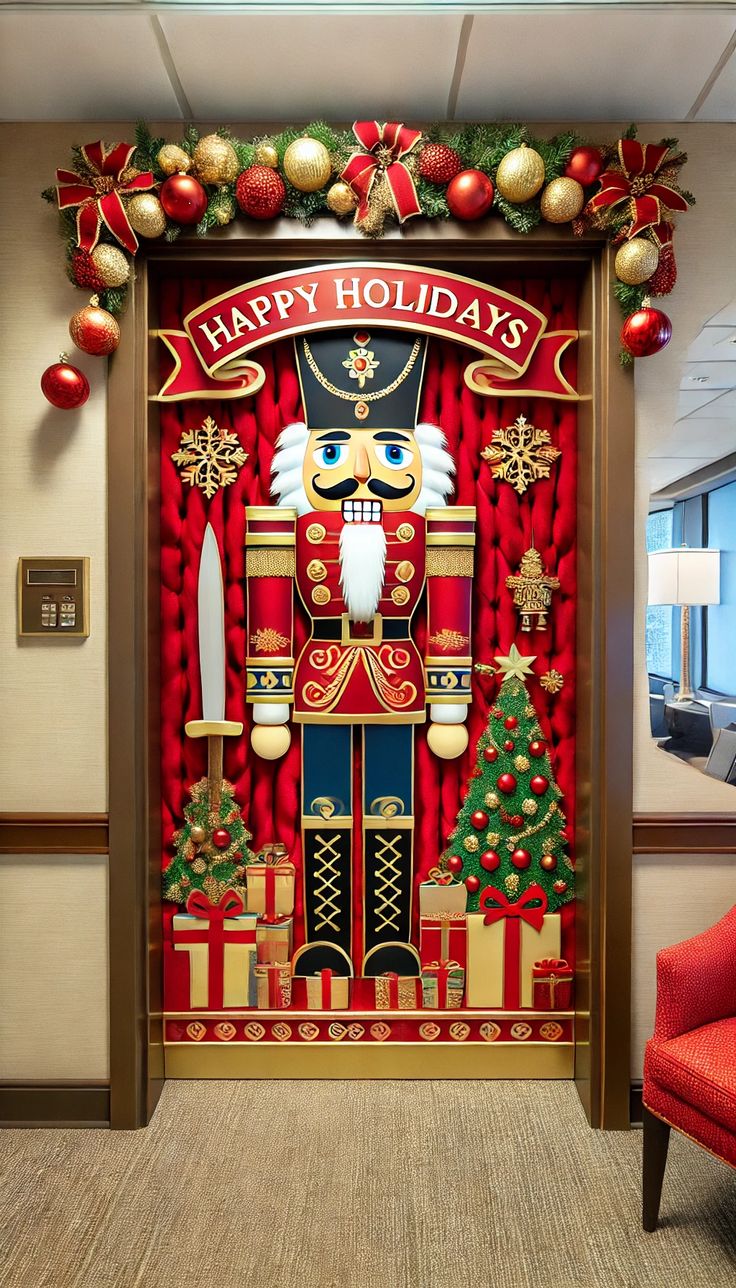 an image of a christmas door decoration with santa clause on it and decorations around the door