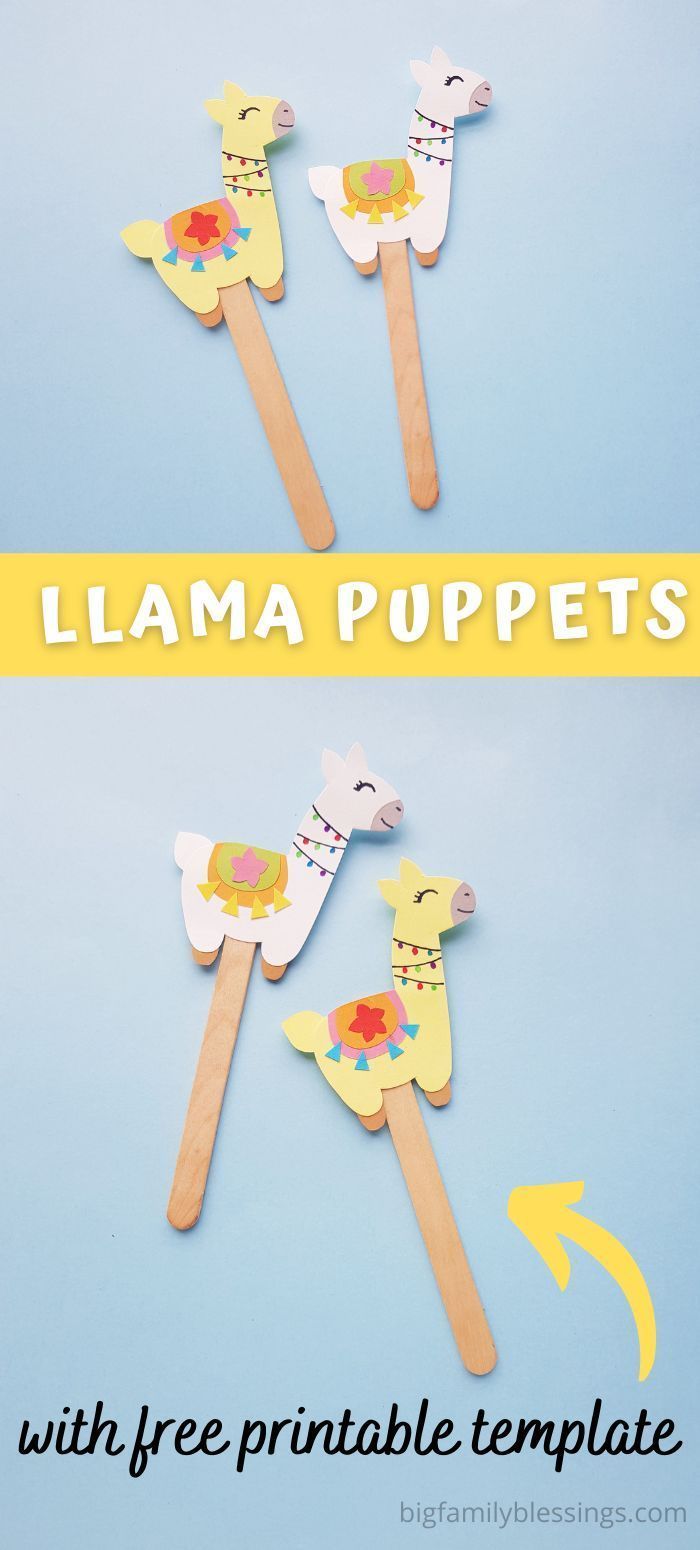 Llama puppets popsicle stick craft for kids with free printable template. Llama Popsicle Stick Craft, Lama Crafts For Preschool, Lama Printable Free, Llama Llama Time To Share Activities, Llama Preschool Craft, Llama Template Printable Free, Is Your Mama A Llama Activities, Llama Crafts For Preschoolers, Llama Llama Mad At Mama Activities