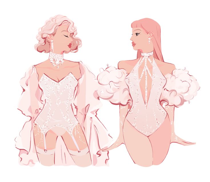 two women dressed in pink and white are facing each other